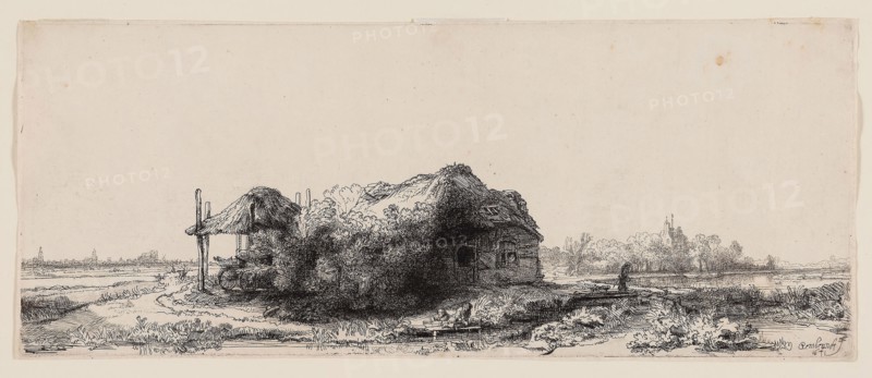 Landscape with Cottages and a Hay Barn: Oblong, 1641, Rembrandt van Rijn, Dutch, 1606-1669, Holland, Etching on off-white laid paper, 132 x 324 mm (sheet), 130 x 322 mm (plate)