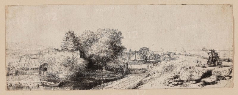 View of the Diemerdijk with a Milkman and Cottages, c. 1650, Rembrandt van Rijn, Dutch, 1606-1669, Holland, Etching with drypoint in black on cream laid paper, 65 x 174 mm (image/sheet, trimmed within plate)