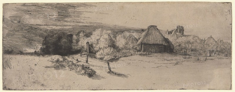Landscape with a Farm Building and the House with the Tower, c. 1650, Rembrandt van Rijn, Dutch, 1606-1669, Holland, Etching and drypoint on thin Japanese paper lined to thin, cream laid paper, 124 x 320 mm (sheet trimmed to plate mark)