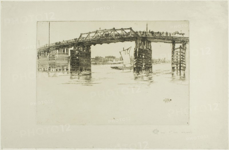Old Battersea Bridge, 1879, James McNeill Whistler, American, 1834-1903, United States, Etching and drypoint with foul biting in black ink on cream Japanese paper, 204 x 297 mm (plate), 289 x 443 mm (sheet)