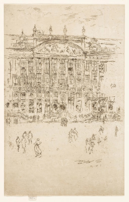 Grand’ Place, Brussels, 1887, James McNeill Whistler, American, 1834-1903, United States, Etching and drypoint with foul biting in black ink on ivory laid paper, 217 x 138 mm (image, trimmed within plate mark), 223 x 138 mm (sheet)