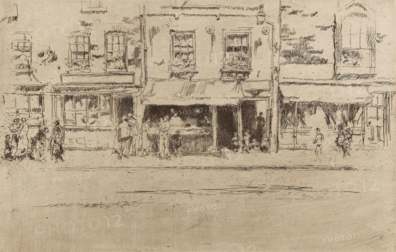 Fish Shop, Chelsea, 1886, James McNeill Whistler, American, 1834-1903, United States, Etching and drypoint with foul biting and plate tone in dark brown on ivory laid paper, 140 x 217 mm (image, trimmed within plate mark), 143 x 217 mm (sheet, with signature tab)