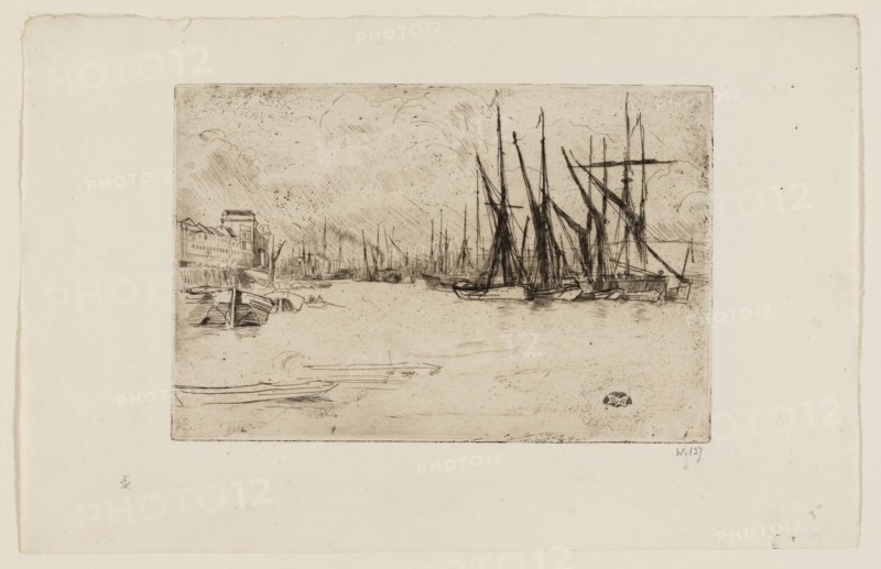 Pickle Herring Wharf, 1876/77, James McNeill Whistler, American, 1834-1903, United States, Etching and drypoint with foul biting in black ink on off-white laid paper, 151 x 227 mm (plate), 226 x 352 mm (sheet)