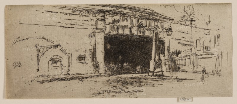Railway Arch, American Square, 1887, James McNeill Whistler, American, 1834-1903, United States, Etching with foul biting in black ink on off-white laid paper, 67 x 161 mm (image, trimmed within plate mark), 71 x 161 mm (sheet)