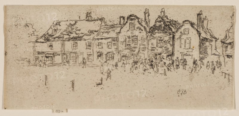 Salvation Army, Sandwich, 1887, James McNeill Whistler, American, 1834-1903, United States, Etching and drypoint with foul biting in black ink on ivory laid paper, 80 x 176 mm (image, trimmed within plate mark), 82 x 176 mm (sheet)