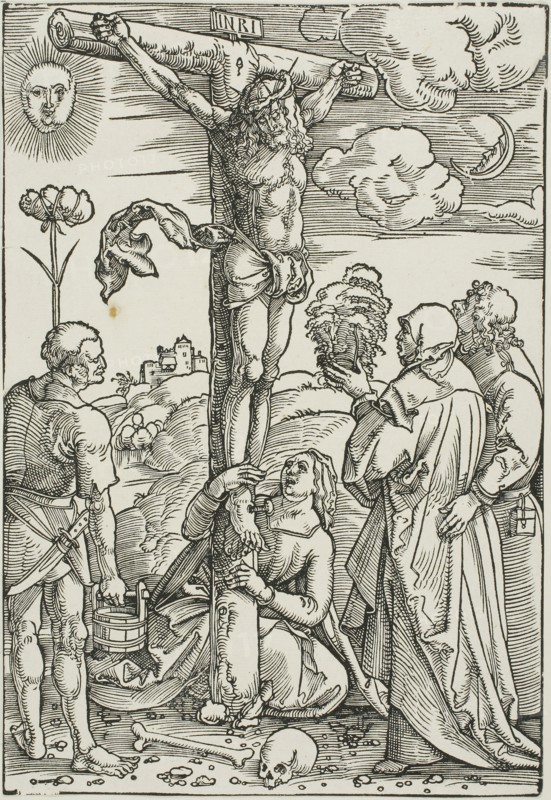 Christ on the Cross with Mary, John, the Magdalen, and Stephen, 1505/07, Hans Baldung Grien, German, c. 1480-1545, Germany, Woodcut in black on ivory laid paper, 238 x 161 mm (block/sheet)
