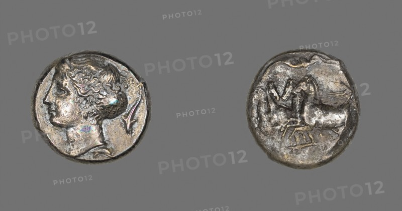 Tetradrachm (Coin) Depicting the Nymph Arethusa, 413–399 BC, Greek, minted in Syracuse, Sicily, Syracuse, Silver, Diam. 2.3 cm, 16.73 g
