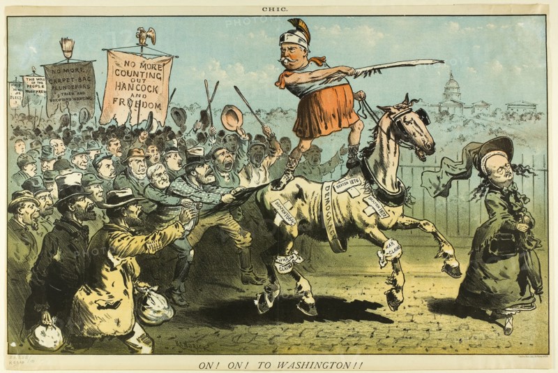 On! On! to Washington, from Chic, n.d., Kendrick, American, 19th century, United States, Color lithograph on newsprint, 297 x 470 mm (image), 320 x 475 mm (sheet), Kelly’s Triumph, from Puck, published September 29, 1880, James A. Wales, American, 1852-1886, United States, Color lithograph on newsprint, 209 x 223 mm
