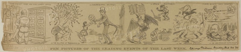 Pen Pictures of the Leading Events of the Last Week, from Chicago Tribune, published Feb 26, 1893, H. R. H., American, 19th century, United States, Lithograph on newsprint, 90 x 450 mm
