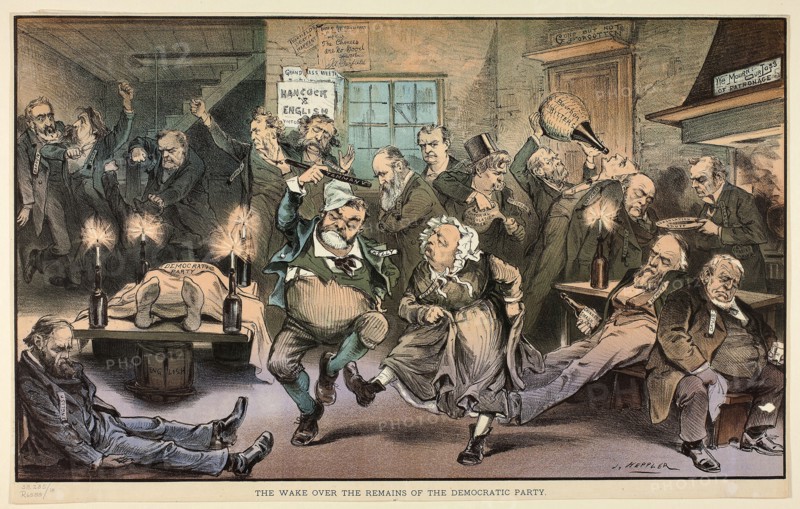 The Wake over the Remains of the Democratic Party, from Puck, n.d., Joseph Keppler, American, 1838-1894, United States, Color lithograph on newsprint, 285 x 472 mm (image), 300 x 475 mm (sheet)