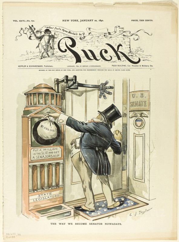 The Way We Become Senators Nowadays, from Puck, 1890, C. Jay Taylor, American, 1855-1929, United States, Color lithograph on newsprint, 355 x 260 mm