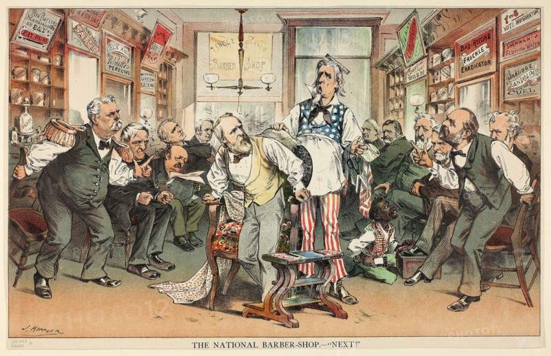 The National Barber Shop, Next, n.d., Joseph Keppler, American, 1838-1894, United States, Color lithograph on newsprint, 290 x 470 mm (image), 302 x 475 mm (sheet)