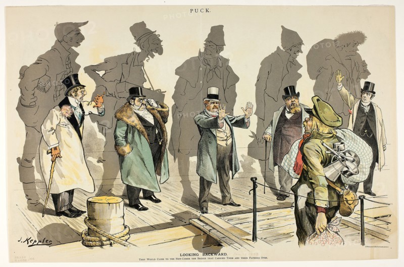 Looking Backward, from Puck, n.d., Joseph Keppler, American, 1838-1894, United States, Color lithograph on newsprint, 318 x 484 mm