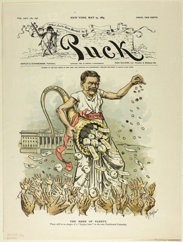 The Horn of Plenty, from Puck, published May 29, 1889, C. Jay Taylor, American, 1855-1929, United States, Color lithograph on newsprint, 355 x 265 mm