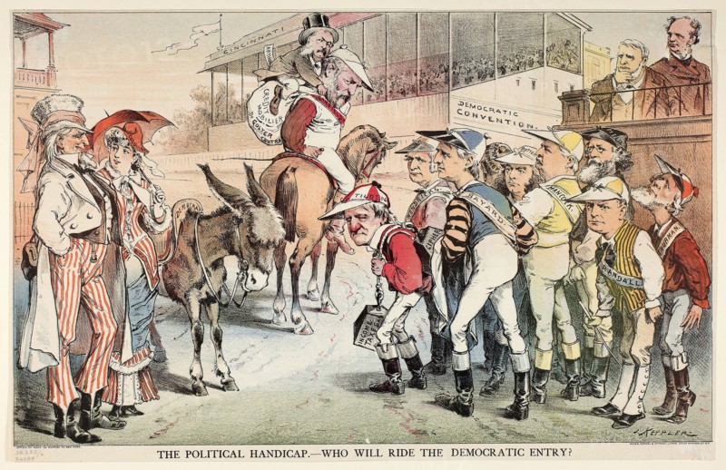 The Political Handicap, from Puck, n.d., Joseph Keppler, American, 1838-1894, United States, Color lithograph on newsprint, 290 x 470 mm (image), 302 x 474 mm (sheet)