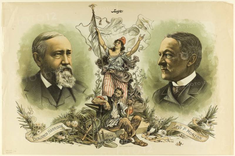 Victory Portraits of Benjamin Harrison and Levi P. Morton, from Judge, 1888, Unknown Artist, American, 19th century, United States, Color lithograph on newsprint, 347 x 525 mm, The Second Term Road Blocked, from Judge, 1884, Grant Hamilton, American, 19th century, United States, Color lithograph on newsprint, 263 x 345 mm