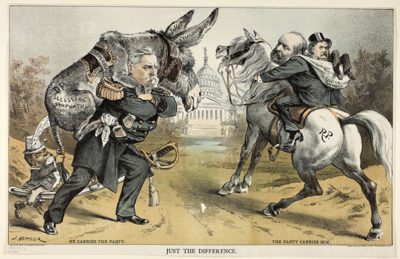 Just the Difference, from Puck, 1880, Joseph Keppler, American, 1838-1894, United States, Color lithograph on newsprint, 292 x 470 mm (image), 307 x 475 mm (sheet)