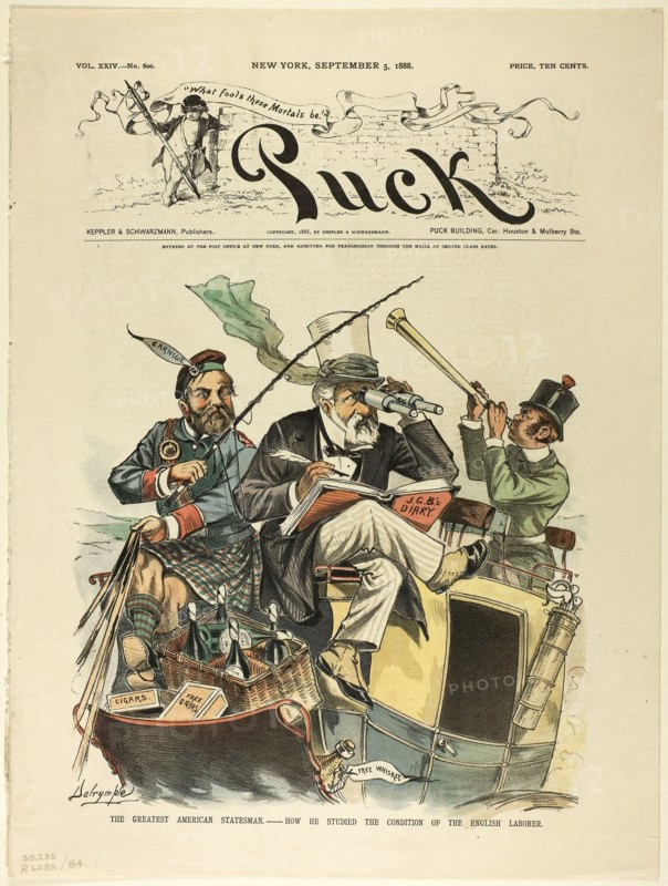 The Great American Statesman, Puck, published September 5, 1883, Louis Dalrymple, American, 1865-1905, United States, Color lithograph on newsprint, 353 x 267 mm, The Last Bather, from Puck, 1880, Joseph Keppler, American, 1638-1894, United States, Color lithograph on newsprint, 205 x 221 mm