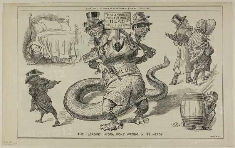 The ‘League’ Hydras Gone Wrong in Its Heads, from Judy, published December 7, 1887, W. B., probably English, 19th century, United States, Lithograph on newsprint, 278 x 447 mm