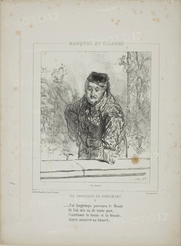 Les Invalides du Sentiment:, J’ai longtemps parcouru le Monde…, 1852, Paul Gavarni, French, 1804-1866, France, Lithograph in black on cream wove paper, 218 × 185 mm (image), 362 × 268 mm (sheet)