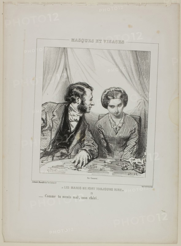 Les maris me font toujours rire: Comme tu ments mal, mon chéri, 1853, Paul Gavarni, French, 1804-1866, France, Lithograph in black on cream wove paper, 218 × 185 mm (image), 365 × 268 mm (sheet)