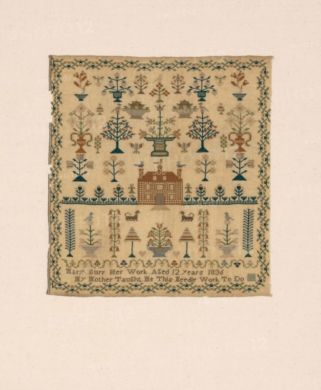 Sampler, 1836, Mary S. Burr (American, b. 1825-1894), United States, North Carolina, Wilmington, North Carolina, Wool, plain weave, embroidered with silk in cross stitches, 33 x 30.8 cm (13 x 12 1/8 in.)