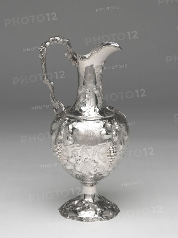 Pitcher, 1855/63, Cann and Dunn, American, 1855–1860, Retailed by John Cox and Co., American, active 1817–1863, New York, New York, Silver, 38.1 × 15.2 × 17.8 cm (15 1/4 × 6 1/2 × 7 1/2 in.);