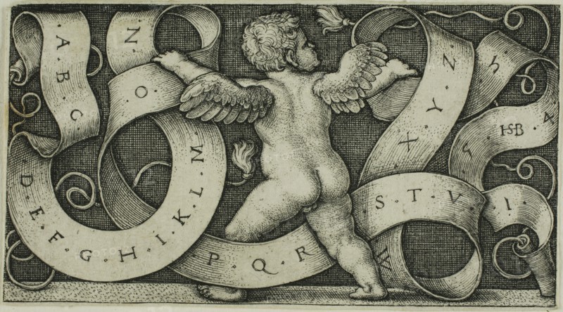Genius with the Alphabet, 1542, Sebald Beham, German, 1500-1550, Germany, Engraving in black on ivory laid paper, 42 x 77 mm (image/plate), 43 x 78 mm (sheet)