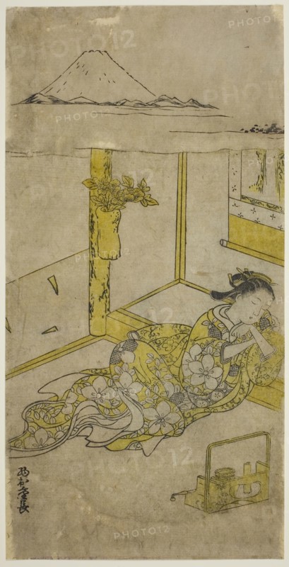 Sleeping Young Woman with Mt. Fuji Above, c. 1740s, Nishimura Shigenaga, Japanese, 1697 (?)-1756, Japan, Hand-colored woodblock print, hosoban, sumizuri-e, 12 1/8 x 6 1/8 in.
