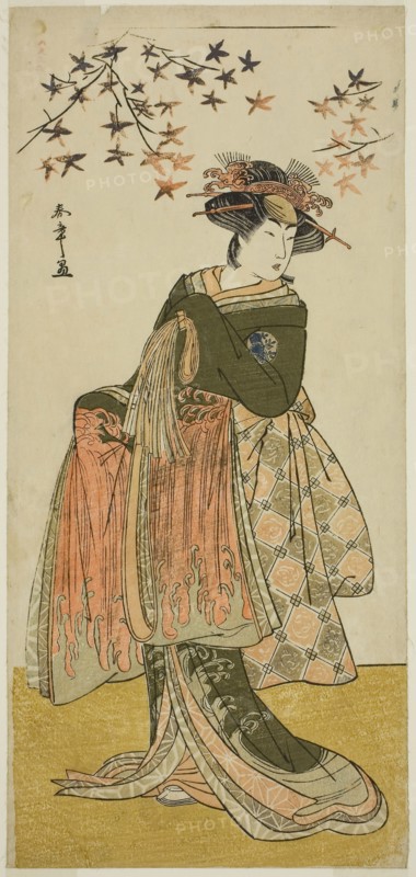 The Actor Nakayama Tomisaburo I as the Geisha Yukino (or Oyuki?) in the Play Kabuki no Hana Bandai Soga, Performed at the Ichimura Theater in the Fourth Month, 1781, c. 1781, Katsukawa Shunsho ?? ??, Japanese, 1726-1792, Japan, Color woodblock print, hosoban, 32.3 x 14.8 cm (12 11/16 x 5 13/16 in.)