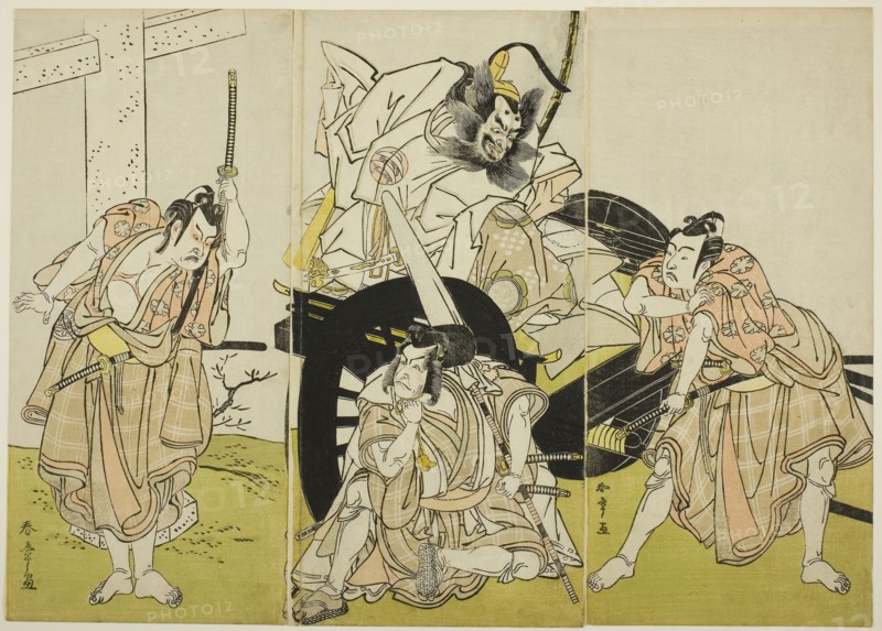 The Actors Nakajima Mihoemon II as Fujiwara no Shihei, Minister of the Left (center, in the carriage), Ichikawa Ebizo III as Matsuo-maru (center, kneeling on the ground), Ichikawa Yaozo II as Sakura-maru (right), and Ichimura Uzaemon IX as Umeo-maru (left), in the Carriage Stopping (Kuruma-biki) Scene from the Play Sugawara Denju Tenarai Kagami (Sugawara’s Secrets of Calligraphy), Performed at the Ichimura Theater from the Sixteenth Day of the Seventh Month, 1776, c. 1776, Katsukawa Shunsho ?? ??, Japanese, 1726-1792, Japan, Color woodblock print, hosoban triptych, 31.2 x 14.4 cm (12 5/16 x 5 11/16 in.) (right), 31.2 x 14.7 cm (12 5/16 x 5 3/4 in.) (center), 31.2 x 14.2 cm (12 5/16 x 5 9/16 in.) (left)