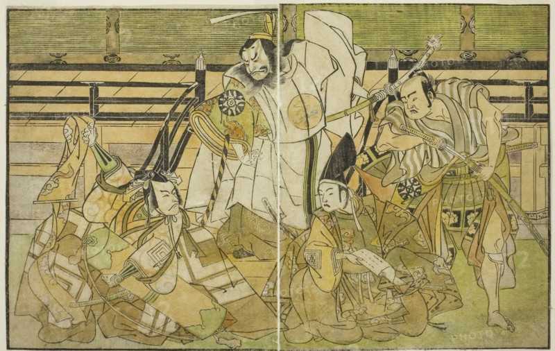 The Actors Nakamura Denkuro II as Seno-o Taro, Ichikawa Komazo II as Yorimasa, Nakamura Nakazo I as Taira no Kiyomori, and Ichikawa Danjuro V as Kiou Takiguchi (right to left), in the Play Nue no Mori Ichiyo no Mato, Performed at the Nakamura Theater in the Eleventh Month, 1770, c. 1772, Katsukawa Shunsho ?? ??, Japanese, 1726-1792, Japan, Color woodblock print, from the illustrated book Yakusha Kuni no Hana (Prominent Actors of Japan), 17.6 x 27.7 cm (6 15/16 x 10 7/8 in.)