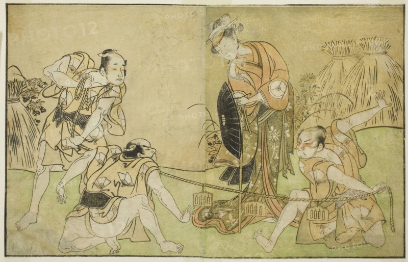 The Actors Bando Zenji I as Nagahashi Saburo, Iwai Hanshiro IV as Otatsu-gitsune, Nakamura Konozo as Hagai Ujitsune, and an Unidentified Actor (right to left), in the Play Nue no Mori Ichiyo no Mato, Performed at the Nakamura Theater in the Eleventh Month, 1770, c. 1772, Katsukawa Shunsho ?? ??, Japanese, 1726-1792, Japan, Color woodblock print, from the illustrated book Yakusha Kuni no Hana (Prominent Actors of Japan), 17.6 x 27.7 cm (6 15/16 x 10 7/8 in.)