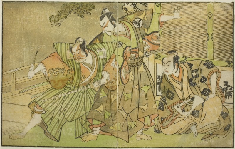 The Actors Ichikawa Komazo II as Minamoto no Yorimasa (right), Matsumoto Koshiro II as Osada no Taro Kagemune Disguised as Yatsurugi Zaemon (center), and Ichikawa Danzo III as I no Hayata Tadazumi (left), In the Play Nue no Mori Ichiyo no Mato, Performed at the Nakamura Theater in the Eleventh Month, 1770, c. 1772, Katsukawa Shunsho ?? ??, Japanese, 1726-1792, Japan, Color woodblock print, from the illustrated book Yakusha Kuni no Hana (Prominent Actors of Japan), 17.3 x 27.7 cm (6 13/16 x 10 7/8 in.)