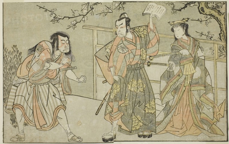 The Actors Yamashita Yaozo I as Ono no Komachi (right), Matsumoto Koshiro II as Godai Saburo (center), and Ichikawa Danzo III as Otomo no Kuronushi (left), in the play Kuni no Hana Ono no Itsumoji, performed at the Nakamura Theater in the eleventh month, 1771, c. 1772, Katsukawa Shunsho ?? ??, Japanese, 1726-1792, Japan, Color woodblock print, page from the illustrated book "Yakusha Kuni no Hana