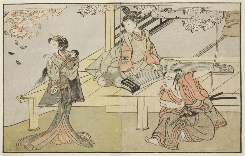 The Actors Ichikawa Yaozo II as Yoshimine no Munesada (right), Yoshizawa Sakinosuke III as Shizuya (center), and Nakamura Matsue I as Sakuragi (left), in the Play Kuni no Hana Ono no Itsumoji, Performed at the Nakamura Theater in the Eleventh Month, 1771, c. 1772, Katsukawa Shunsho ?? ??, Japanese, 1726-1792, Japan, Color woodblock print, from the illustrated book Yakusha Kuni no Hana (Prominent Actors of Japan), 17.1 x 27.2 cm (6 3/4 x 10 11/16 in.)