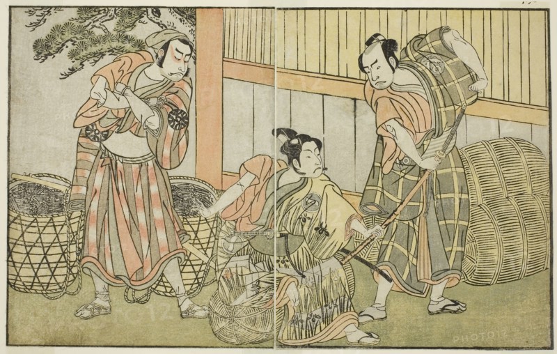 The Actors Kasaya Matakuro II as Hagun Taro (right), Ichikawa Monnosuke II as Izutsu no Suke Narihira (center), and Nakamura Nakazo I as Kose no Kanaoka Disguised as Sogoro the Charcoal Maker, in the Play Kuni no Hana Ono no Itsumoji, Performed at the Nakamura Theater in the Eleventh Month, 1771, c. 1772, Katsukawa Shunsho ?? ??, Japanese, 1726-1792, Japan, Color woodblock print, from the illustrated book Yakusha Kuni no Hana (Prominent Actors of Japan), 17 x 27.2 cm (6 11/16 x 10 11/16 in.)