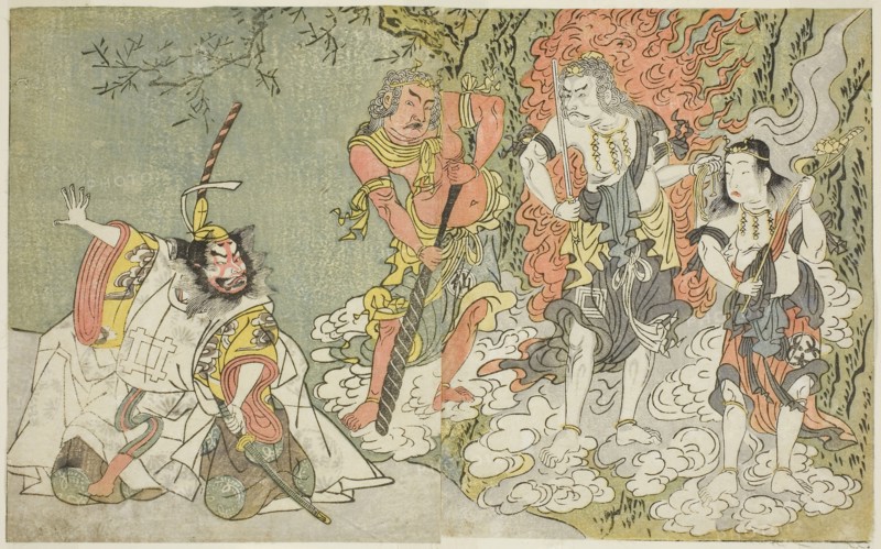 The Actors Sawamura Kijuro I as Ikazuchi Shinno, Prince of Thunder (far left), Ichikawa Danjuro V as the Buddhist Deity Fudo (second from left), Nakamura Sukegoro II as Seitaka Doji (second from right), and Bando Mitsugoro I as Kongara Doji (far right), in the Play Fuki Kaete Tsuki mo Yoshiwara (Rethatched Roof: The Moon also Shines Over the Yoshiwara Pleasure District), Performed at the Morita Theater in the Eleventh Month, 1771, c. 1771/72, Katsukawa Shunsho ?? ??, Japanese, 1726-1792, Japan, Color woodblock print, from the illustrated book Yakusha Kuni no Hana (Prominent Actors of Japan), 17 x 27.4 cm (6 11/16 x 10 3/4 in.)