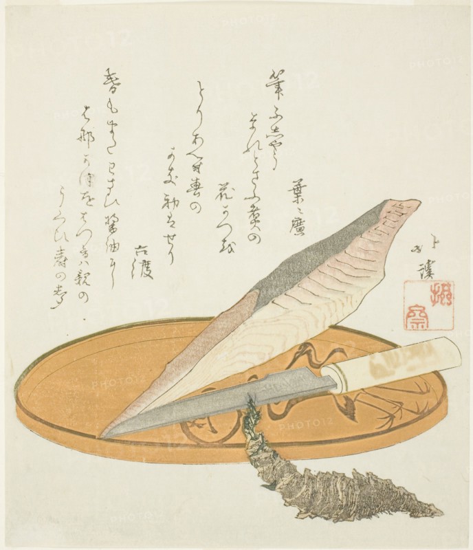 Wasabi root with dried bonito and knife on a lacquer tray, early 1820s, Totoya Hokkei, Japanese, 1780–1850, Japan, Color woodblock print, shikishiban, surimono, 21.6 x 21.5 cm