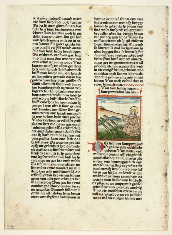 Life of Saint Pirminius from Heiligenleben, Winterteil (Lives of the Saints, Wintertime), Plate 1 from Woodcuts from Books of the 15th Century, 1471, portfolio assembled 1929, Unknown Artist  (Augsburg, 15th century), printed and published by Günther Zainer (German, active 1468-1478), original text by Jacobus de Voragine (Italian, c. 1230–1298), portfolio text by Wilhelm Ludwig Schreiber (German, 1855–1932), Germany, Woodcut in black with hand-colored additions, and letterpress in black with rubrication (recto and verso), on cream laid paper, tipped onto cream wove paper mat, 73 x 73 mm (image), 364 x 265 mm (sheet)