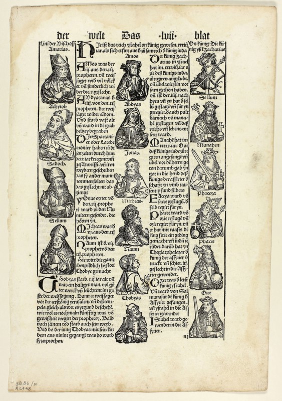Bishops, Prophets, and Kings from Schedel Weltchronik (Schedel’s World History), Plate 10 from Woodcuts from Books of the 15th Century, 1496, portfolio assembled 1929, Unknown Artist (Augsburg, 15th century), printed and published by Johann Schönsperger the Elder (German, ca. 1455–1521), original text by Hartmann Schedel (German, 1440–1514), portfolio text by Wilhelm Ludwig Schreiber (German, 1855–1932), Germany, Woodcut and letterpress in black (recto and verso) on cream laid paper, tipped onto cream wove paper mat, 300 x 205 mm