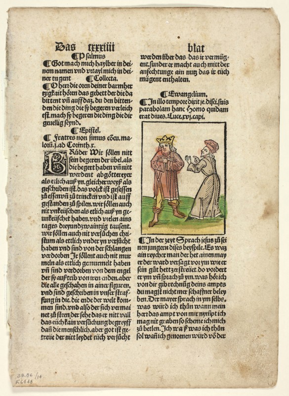 The Parable of the Unjust Steward from Plenarium, Plate 14 from Woodcuts from Books of the 15th Century, 1497, portfolio assembled 1929, Unknown Artist  (Augsburg, 15th century), printed and published by Johann Schönsperger the Elder (German, c. 1455–1521), portfolio text by Wilhelm Ludwig Schreiber (German, 1855–1932), Germany, Woodcut in black with hand-colored additions, and letterpress in black (recto and verso), on buff laid paper, tipped onto cream wove paper mat, 80 x 60 mm (image), 271 x 195 mm (sheet)