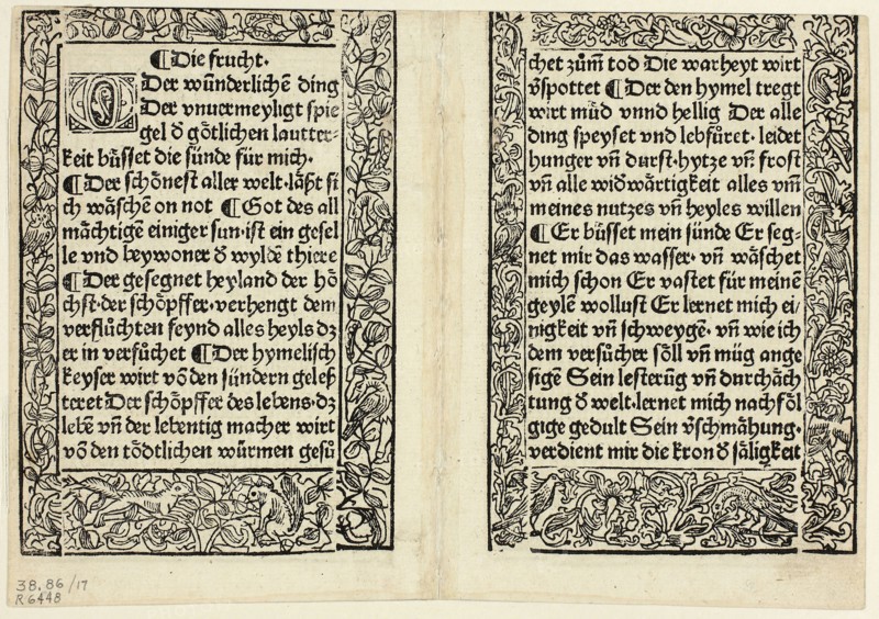 Devotional passages with ornamental borders from Andächtig Zeitglöcklein des Leben und Leidens Christi, Plate 17 from Woodcuts from Books of the 15th Century, 1493, portfolio assembled 1929, Unknown Artist (Ulm, 15th century), printed and published by Konrad Dinckmut (German, active 1476-1499), original text by Bertholdus von Regensburg (German, c. 1220–1272), portfolio text by Wilhelm Ludwig Schreiber (German, 1855–1932), Germany, Woodcut and letterpress in black (recto and verso) on cream laid paper, tipped onto cream wove paper mat, 135 x 194 mm