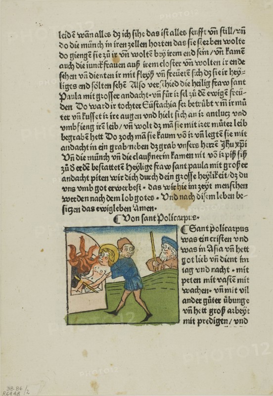 Saint Policarpus from Lives of the Heiligenleben, Sommerteil (Saints, Summertime), Plate 2 from Woodcuts from Books of the 15th Century, 1475, portfolio assembled 1929, Unknown Artist (Augsburg, 15th century), printed and published by Johannes (Hans) Baemler (German, 1435-1504), original text by Jacobus de Voragine (Italian, c. 1230–1298), portfolio text by Wilhelm Ludwig Schreiber (German, 1855–1932), Germany, Woodcut in black with hand-colored additions, and letterpress in black (recto and verso), on cream laid paper, 70 x 80 mm (image), 270 x 186 mm (sheet)