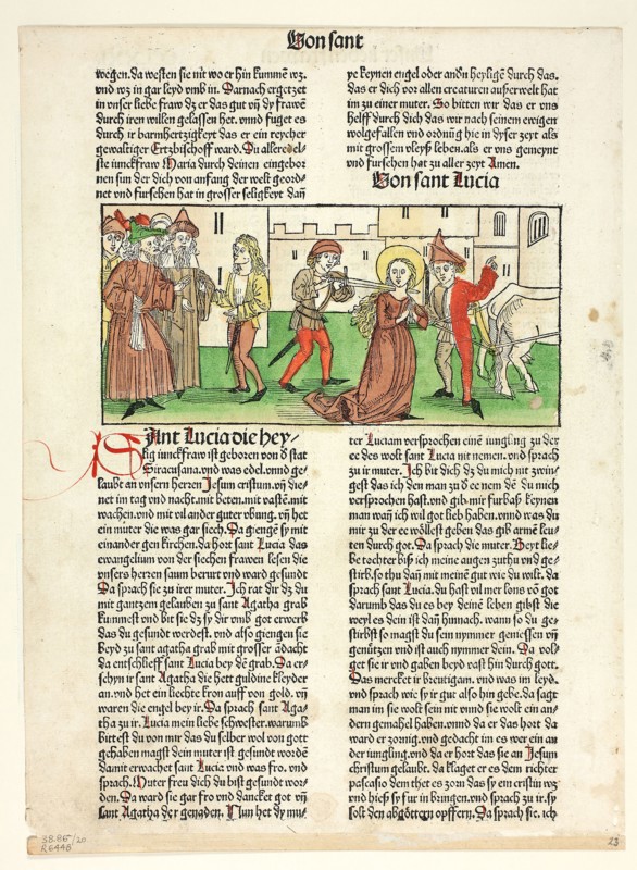 The Martyrdom of Saint Lucy from Heiligenleben, Sommerteil (Lives of the Saints, Summertime), Plate 20 from Woodcuts from Books of the 15th Century, 1488, portfolio assembled 1929, Unknown Artist (Nuremberg, 15th century), printed and published by Anton Koberger (German, c. 1440/45–1513), original text by Jacobus de Voragine (Italian, c. 1230–1298), portfolio text by Wilhelm Ludwig Schreiber (German, 1855–1932), Germany, Woodcut in black with hand-colored additions, and letterpress in black with rubrication, (recto and verso), on cream laid paper, tipped onto cream wove paper mat, 89 x 185 mm (image), 333 x 244 mm (sheet)