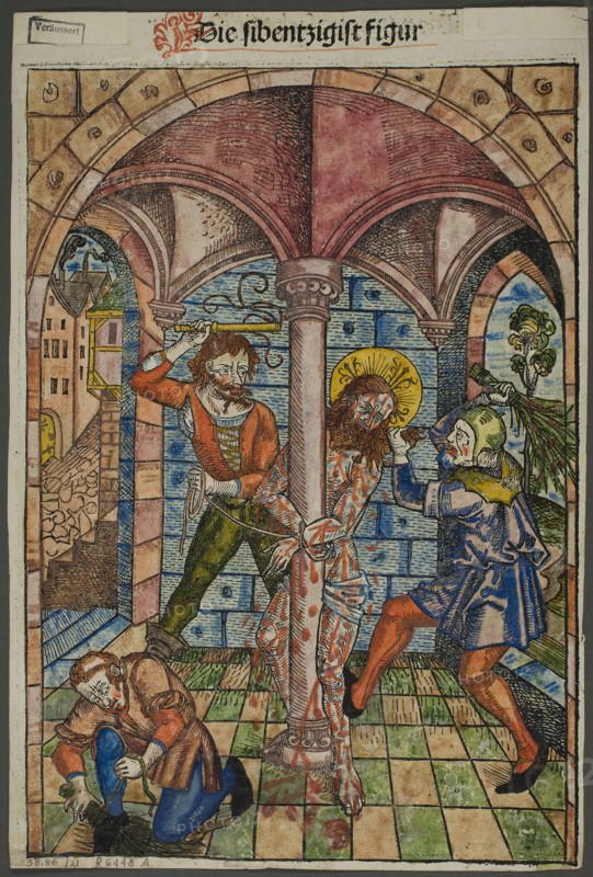 The Scourging of Christ (verso), and The Israelites Enslaved in Egypt (recto), from Schatzbehalter (Treasury), Plate 21 from Woodcuts from Books of the 15th Century, 1491, portfolio assembled 1929, Michel Wolgemut (German, 1434/37–1519), printed and published by Anton Koberger (German, c. 1440/45–1513), original text by Stephan Fridolin (German, c. 1430–1498), portfolio text by Wilhelm Ludwig Schreiber (German, 1855–1932), Germany, Woodcut in black with hand-colored additions and letterpress in black with rubrication (recto and verso) on ivory laid paper, 250 x 175 mm (image/block, verso), 252 x 176 mm (image/block, recto), 272 x 182 mm (sheet)