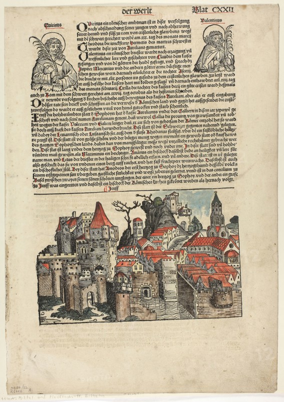 Geneva from Schedel Weltchronik (Schedel’s World History), Plate 22 from Woodcuts from Books of the 15th Century, 1493, portfolio assembled 1929, Michel Wolgemut (German, 1434/37–1519) and Wilhelm Pleydenwurff (German, c. 1460–1494), printed and published by Anton Koberger (German, c. 1440/45–1513), original text by Hartmann Schedel (German, 1440–1514), portfolio text by Wilhelm Ludwig Schreiber (German, 1855–1932), Germany, Woodcut in black with hand-colored additions, and letterpress in black with rubrication (recto and verso), on buff laid paper, tipped onto cream wove paper mat, 427 x 300 mm
