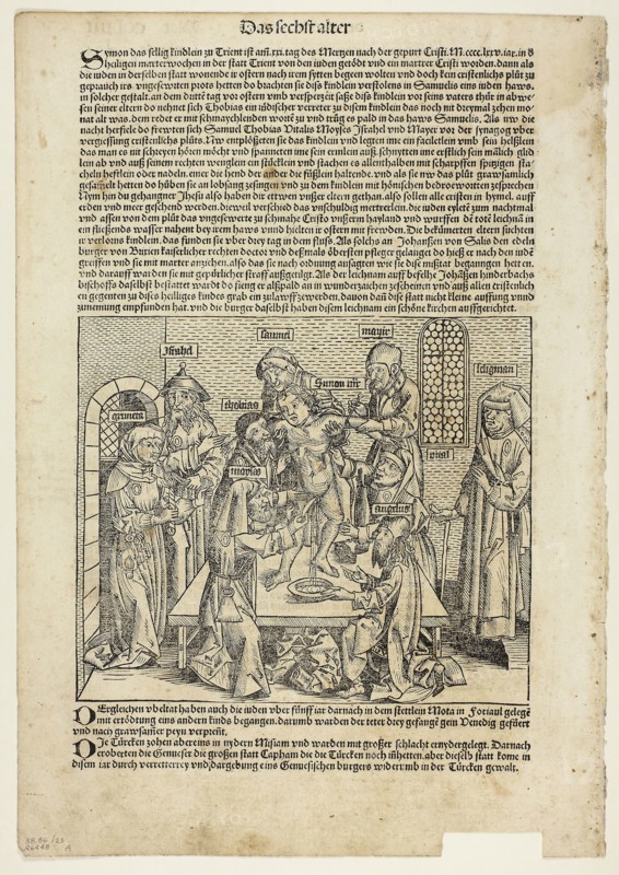 The Martyrdom of Saint Simon of Trent from Schedel Weltchronik (Schedel’s World History), Plate 23 from Woodcuts from Books of the 15th Century, 1493, portfolio assembled 1929, Michel Wolgemut (German, 1434/37–1519) and Wilhelm Pleydenwurff (German, c. 1460–1494), printed and published by Anton Koberger (German, c. 1440/45–1513), original text by Hartmann Schedel (German, 1440–1514), portfolio text by Wilhelm Ludwig Schreiber (German, 1855–1932), Germany, Woodcut and letterpress in black (recto and verso) on buff laid paper, tipped onto cream wove paper mat, 194 x 226 mm (image), 424 x 295 mm (sheet)