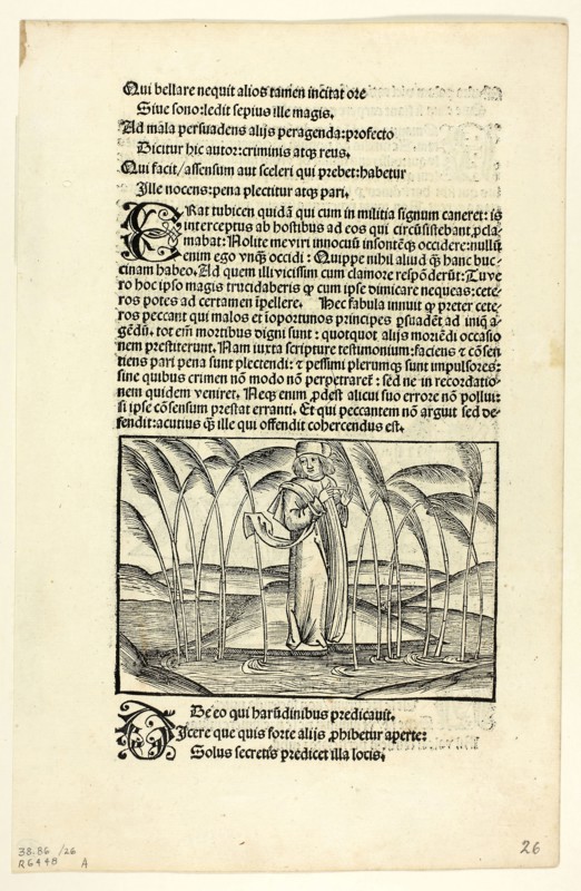 The Man Who Therefore Preached to the Reeds (recto) and The Armed Noble Who Presumed Much but Did Little (verso) from Fabulae et Vita (Fables and Life), Plate 26 from Woodcuts from Books of the 15th Century, c. 1500, portfolio assembled 1929, Unknown Artist (Basle, late 15th century), printed and published by Michael Furter (German, active 1483–1516/17), original text by Aesop (Greek, c. 620–560 B.C.), portfolio text by Wilhelm Ludwig Schreiber (German, 1855–1932), Germany, Woodcut and letterpress in black (recto and verso) on buff laid paper, 79 x 116 mm (image, recto), 78 x 116 mm (image, verso), 260 x 117 mm (sheet)