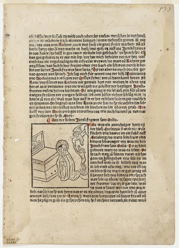 Saint Otilia from Plenarium, Plate 27 from Woodcuts from Books of the 15th Century, c. 1483, portfolio assembled 1929, Unknown Artist (Strassburg, late 15th century), printed and published by Martin Schott (German, active 1481–1499), portfolio text by Wilhelm Ludwig Schreiber (German, 1855–1932), Germany, Woodcut in black with pen and gray ink additions, and letterpress in black with rubrication (recto and verso), on cream laid paper, 67 x 76 mm (image), 283 x 210 mm (sheet)